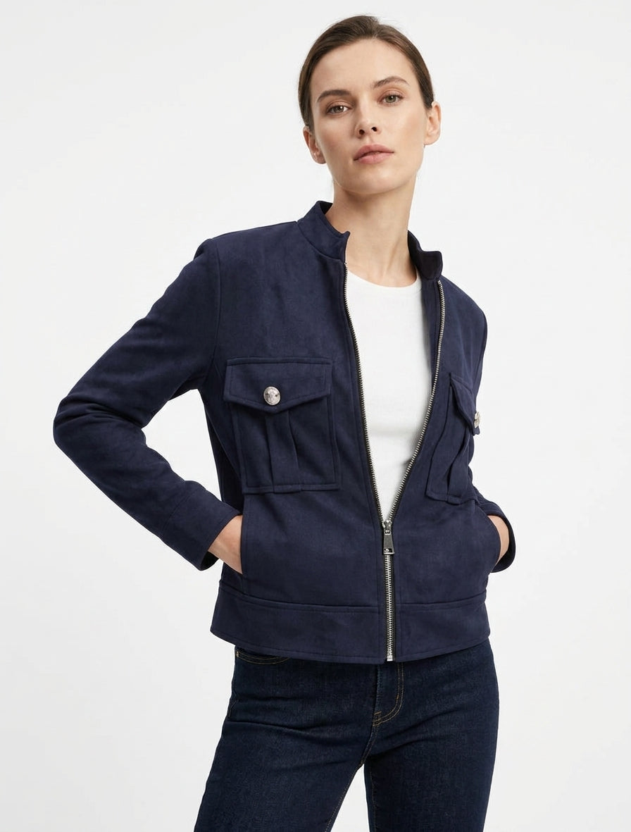 Suedette Stand Collar Zip Jacket