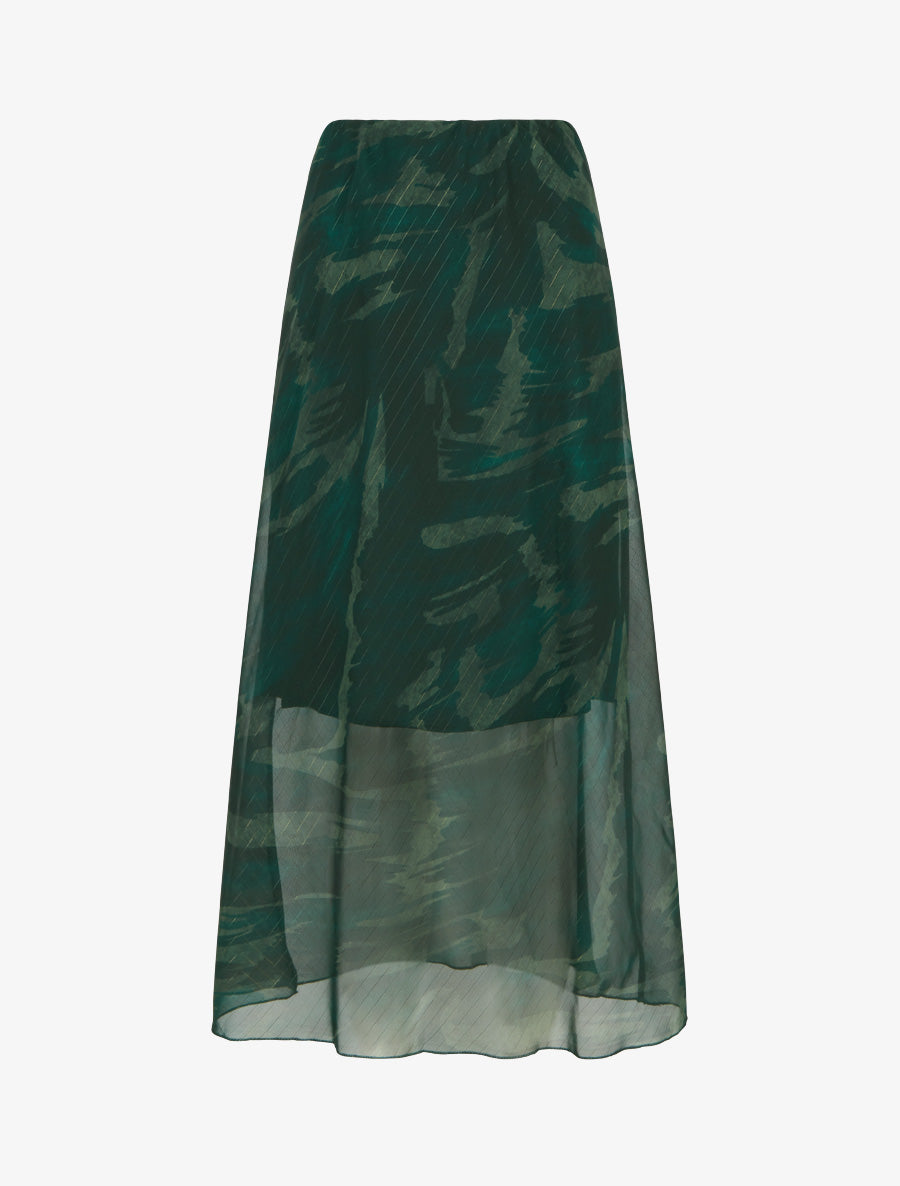 High-Waisted Long Skirt with Iridescent Veil - Dark Green
