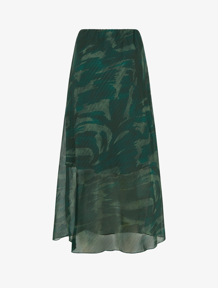 High-Waisted Long Skirt with Iridescent Veil - Dark Green