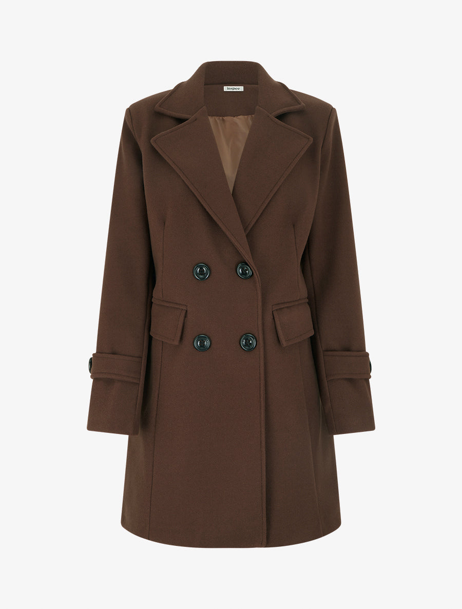 Long Double-Breasted Coat with Shoulder Pads - Brown