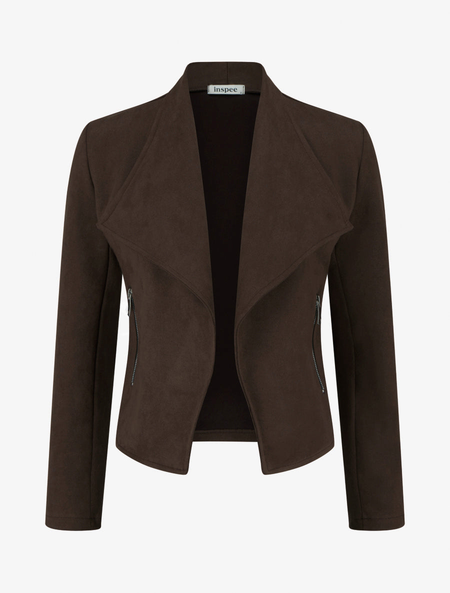 Suede Jacket with Straight Lapel Collar - Brown