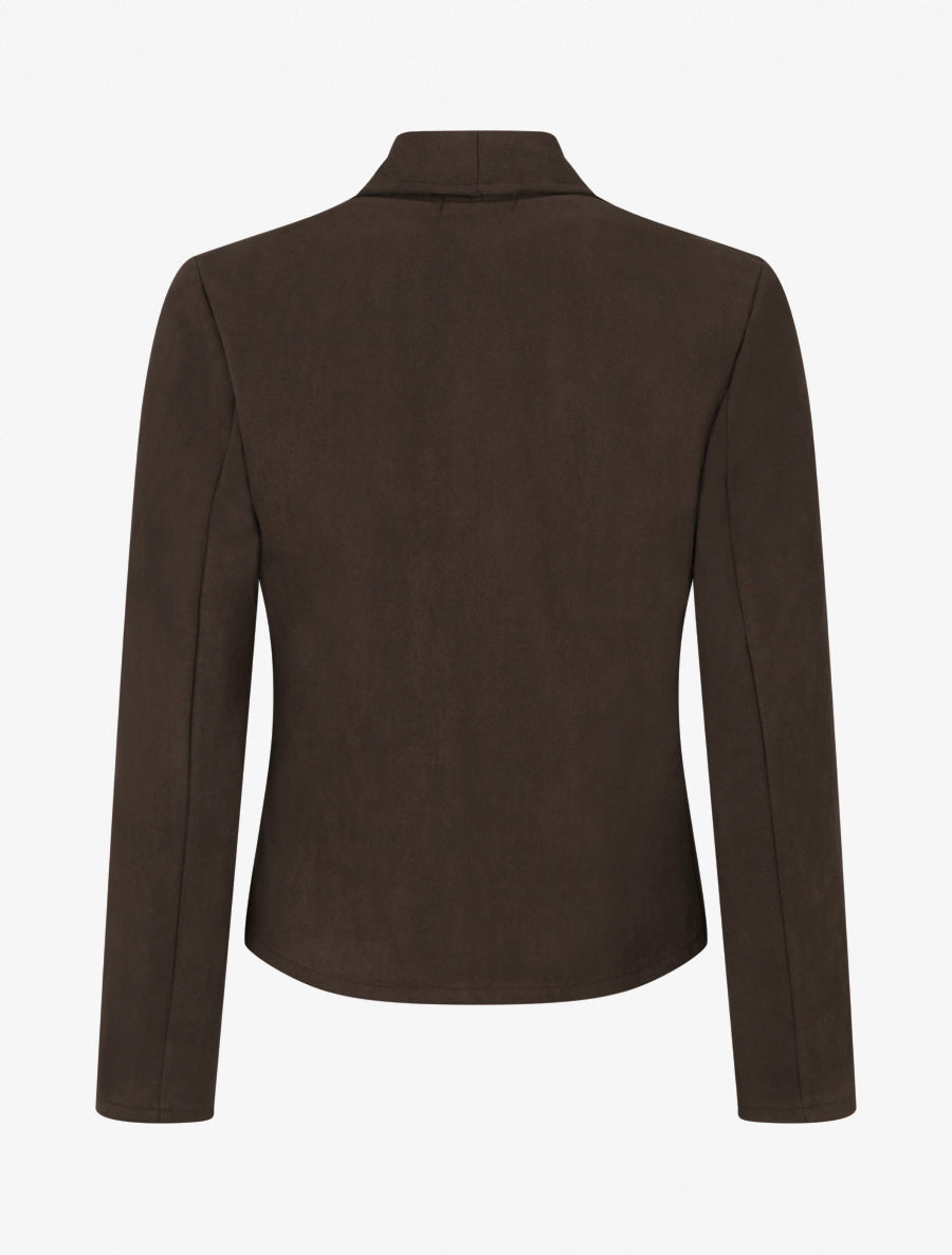 Suede Jacket with Straight Lapel Collar - Brown