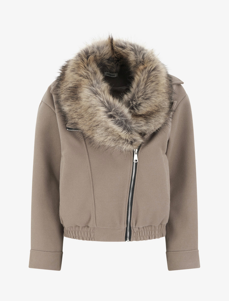 Straight Biker Jacket with Removable Fur - Taupe