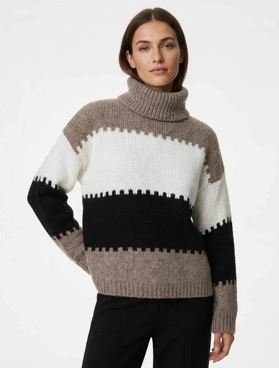 Turtleneck Jumper with Stylised Stripes - Taupe