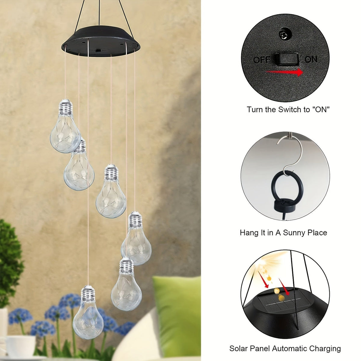 Solar Light Bulb Wind Chime with Color Changing LEDs, 21.6 in