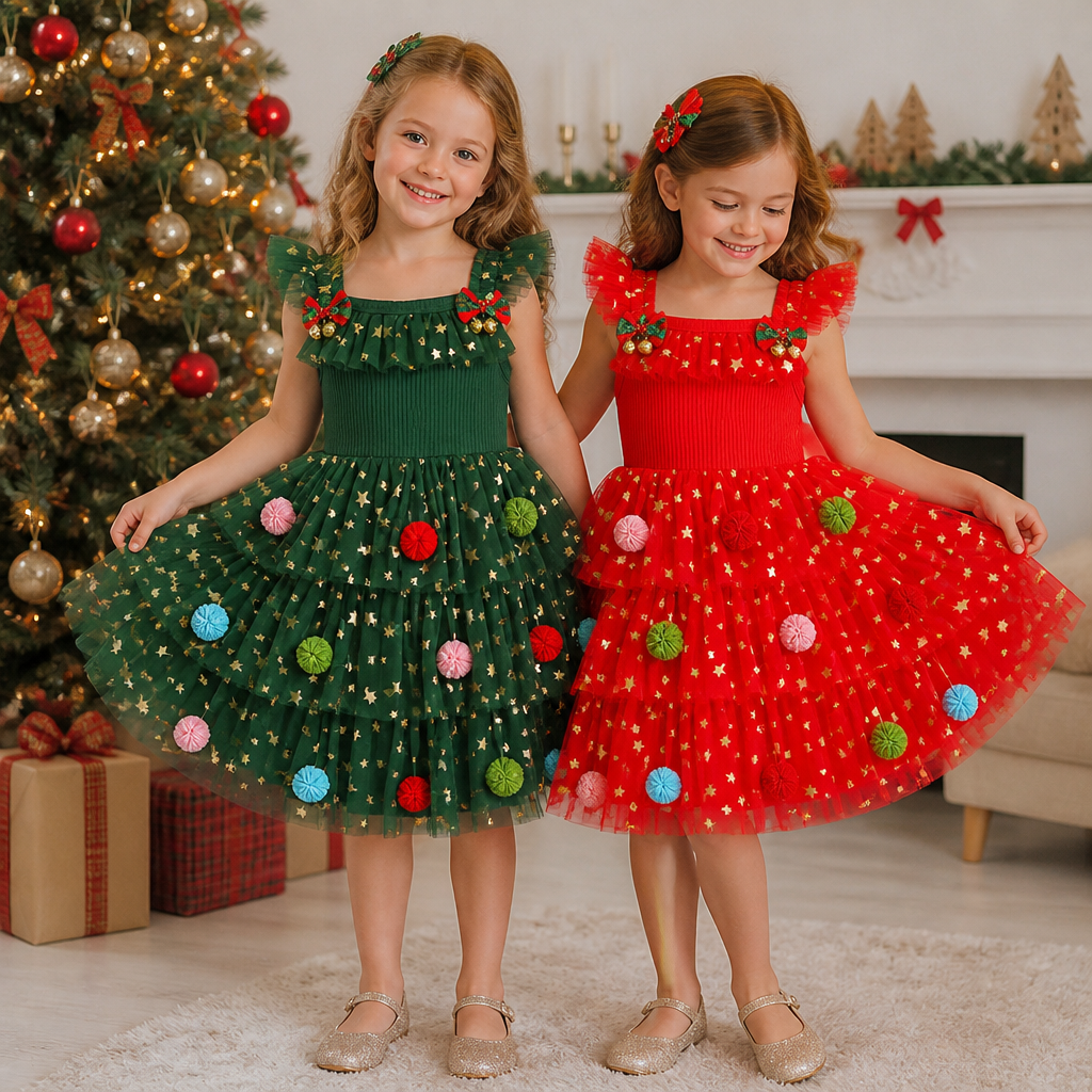 Girls' Christmas Tutu Dress with Pom-Poms, Sequin Stars & Ruffled Sleeves
