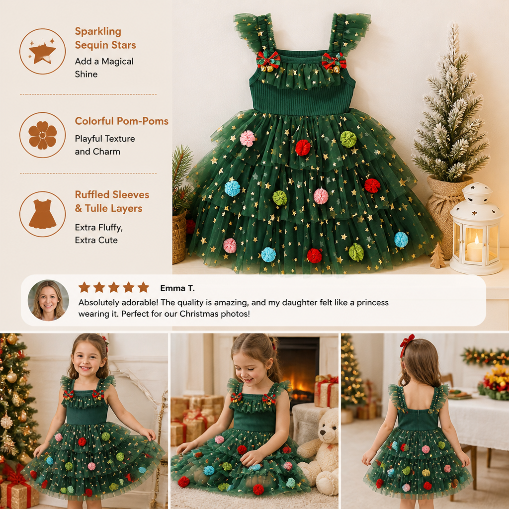 Girls' Christmas Tutu Dress with Pom-Poms, Sequin Stars & Ruffled Sleeves