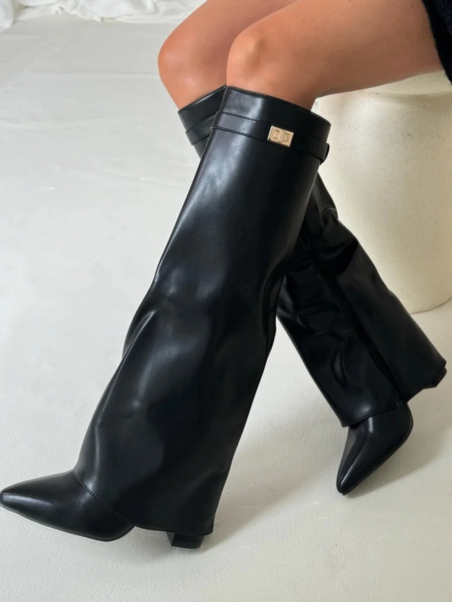 Knee-High Boots – Women's Faux Suede Boots with Pointed Toe and Heel