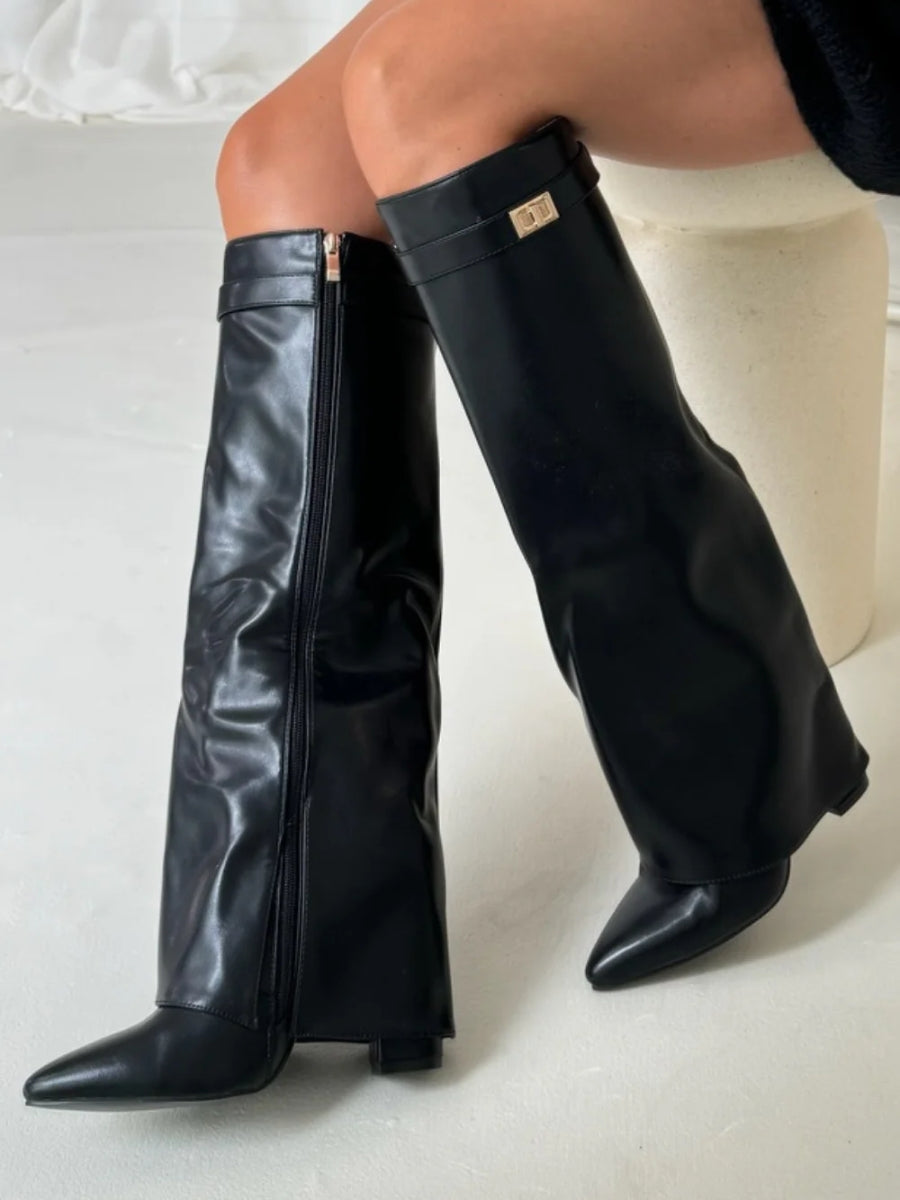 Knee-High Boots – Women's Faux Suede Boots with Pointed Toe and Heel