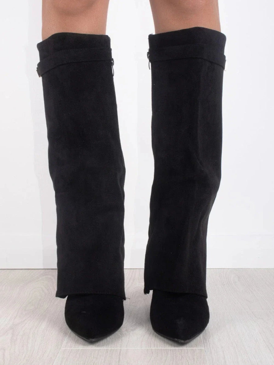 Knee-High Boots – Women's Faux Suede Boots with Pointed Toe and Heel