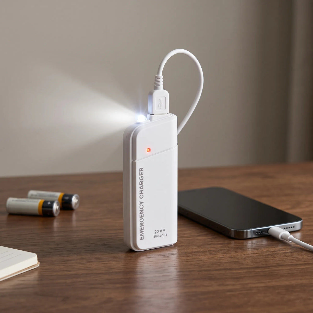 Lumakor | Power Cut Emergency Phone Charger with AA Batteries, USB Charging and Built-in LED Flashlight for Blackouts, Travel and Commuting