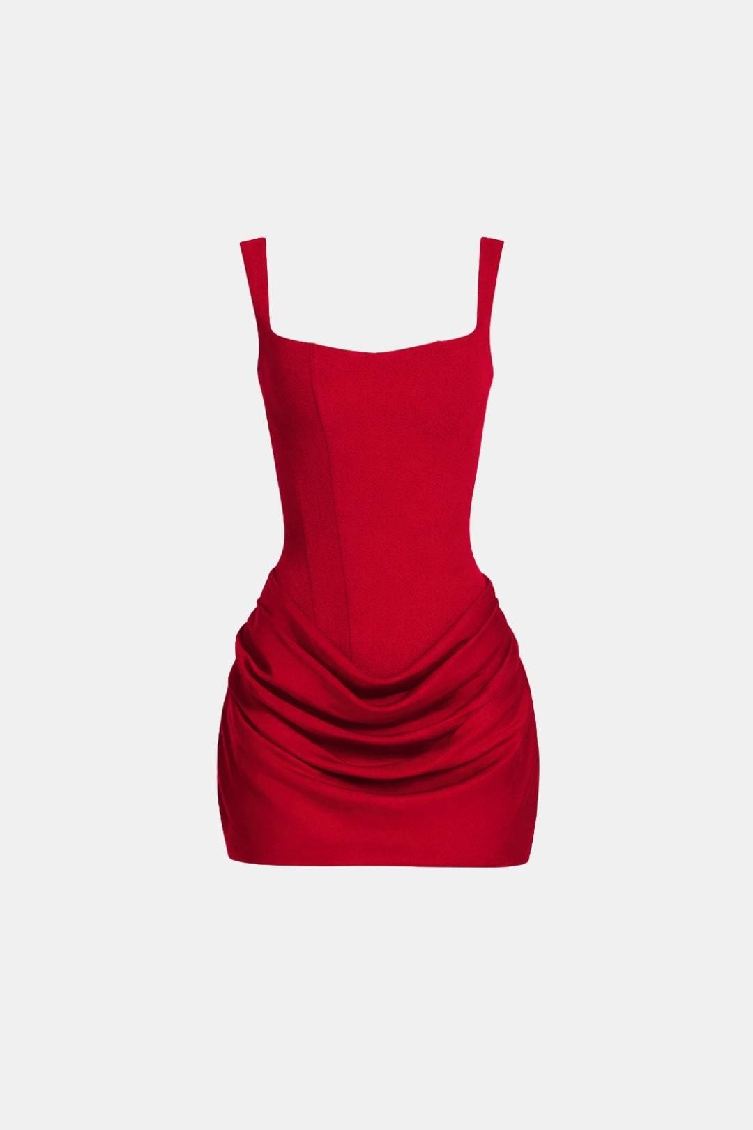 Mini Dress with Boned Bodice, Square Neckline, Draped Skirt and Lace-Up Back