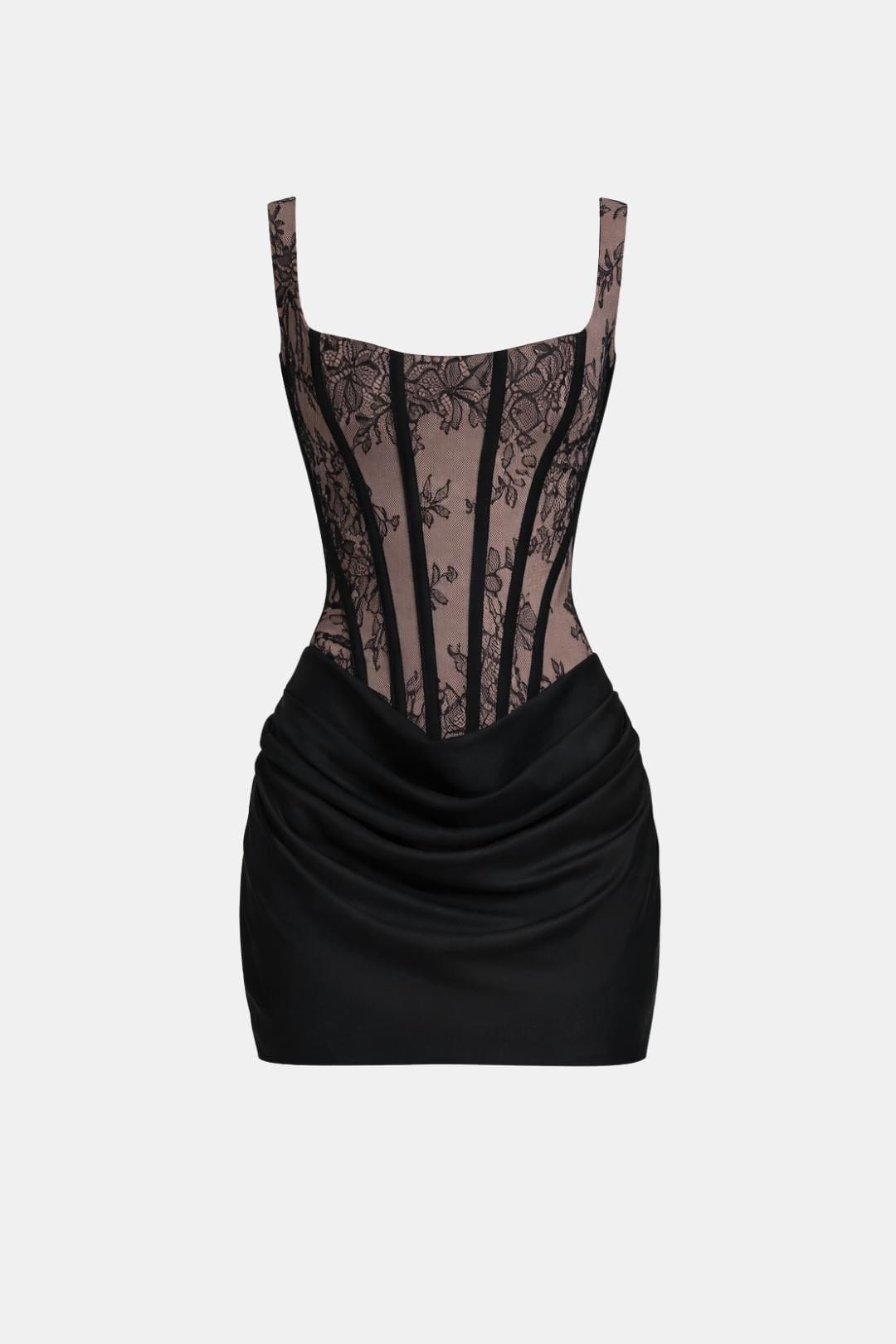 Mini Dress with Boned Bodice, Square Neckline, Draped Skirt and Lace-Up Back