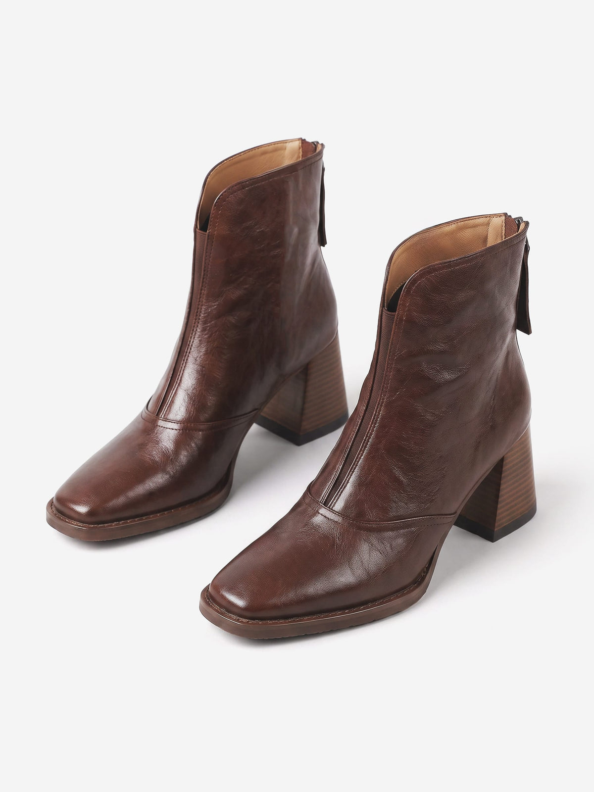 Women's Leather Ankle Boots with Square Heel and Zipper