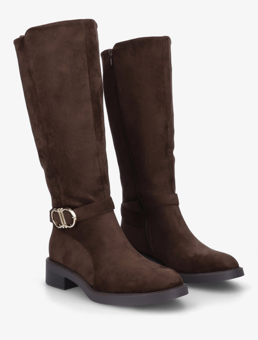 Suede Block Heel Boots with Buckle