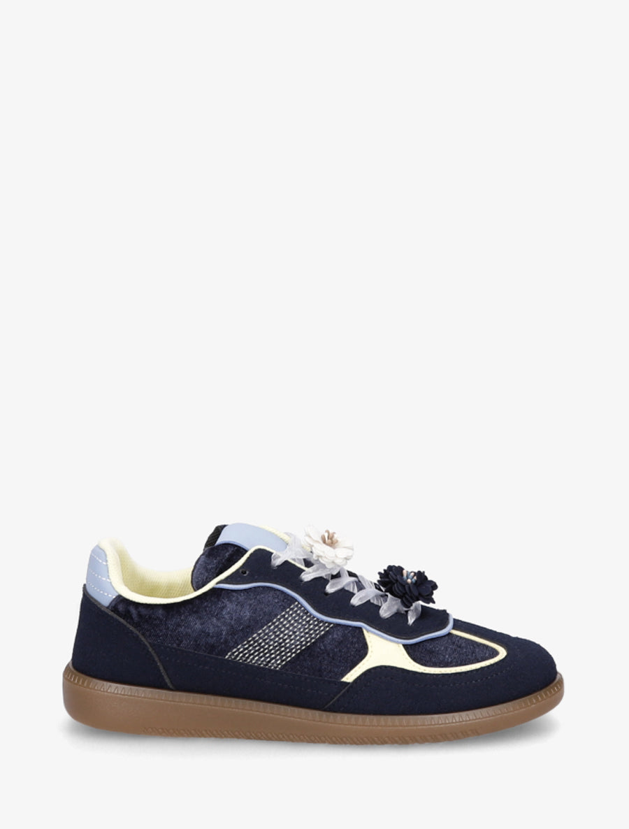 Velvet Sneakers with Decorative Flowers - Navy