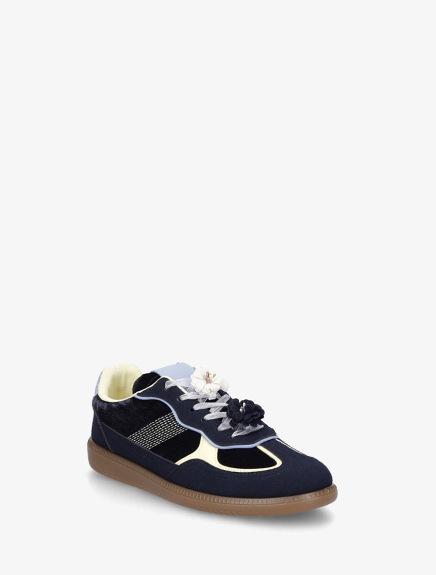 Velvet Sneakers with Decorative Flowers - Navy