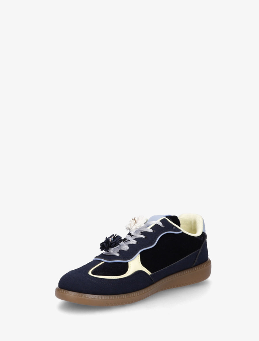 Velvet Sneakers with Decorative Flowers - Navy