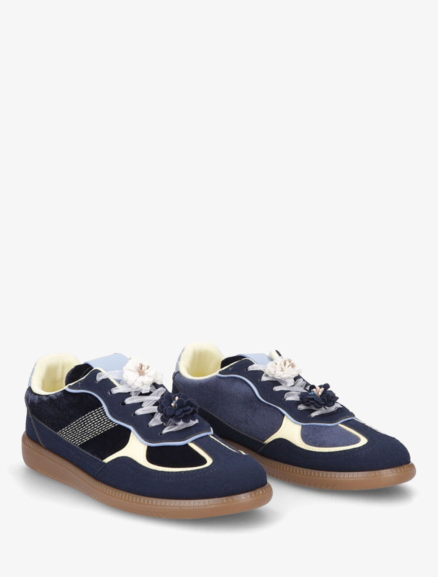 Velvet Sneakers with Decorative Flowers - Navy
