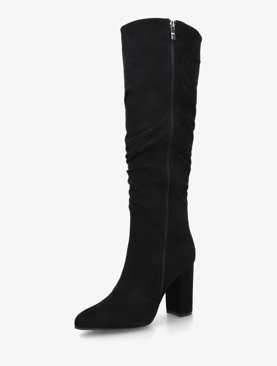 Suede Boots with Square Heel and Zip - Black