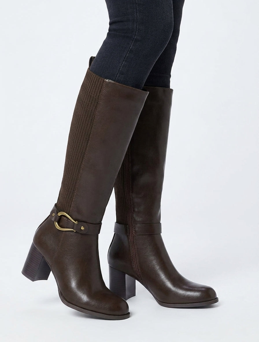 Two-Material Block Heel Boots - Brown