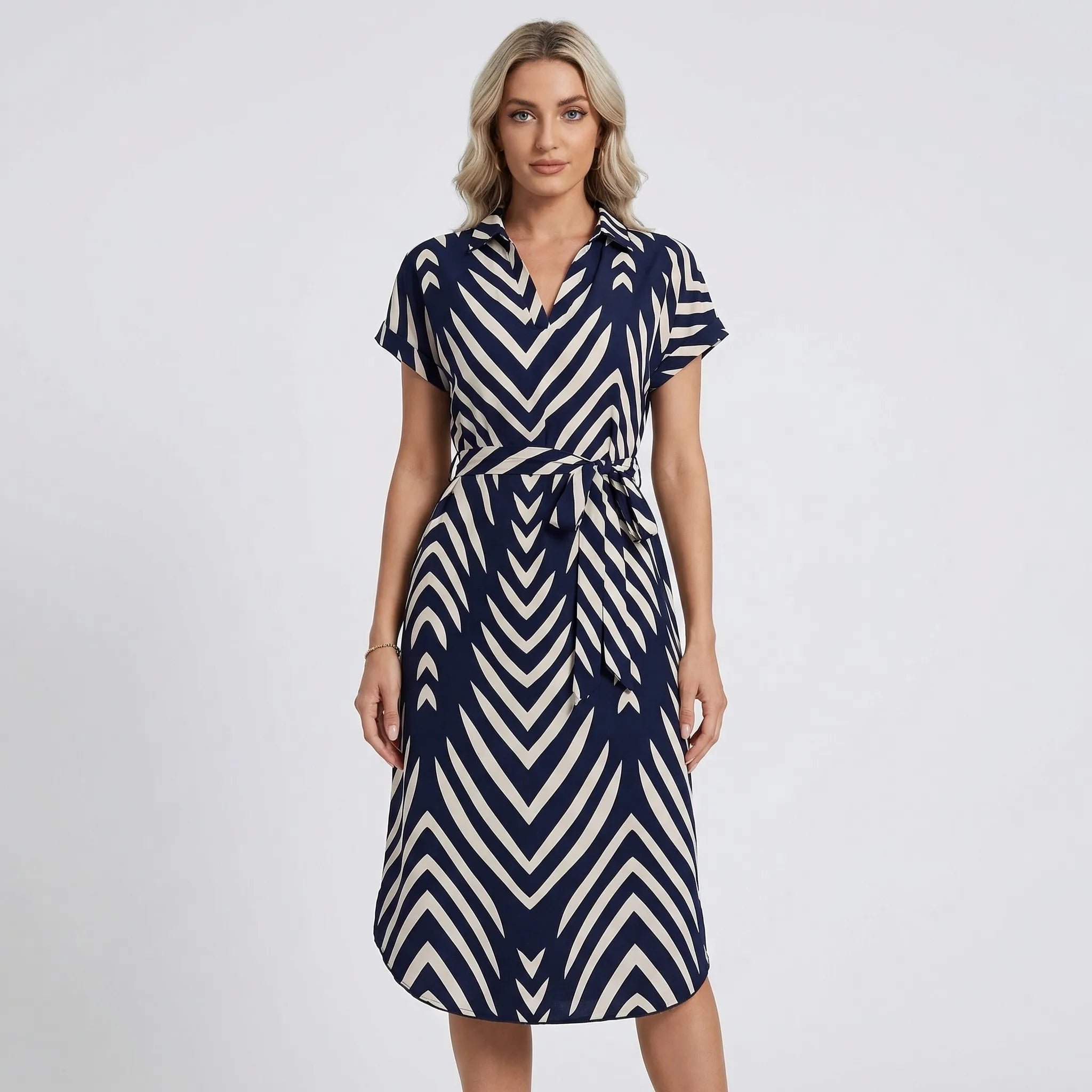 Nordspur | Beltoria V-Neck Striped Belted Day Dress