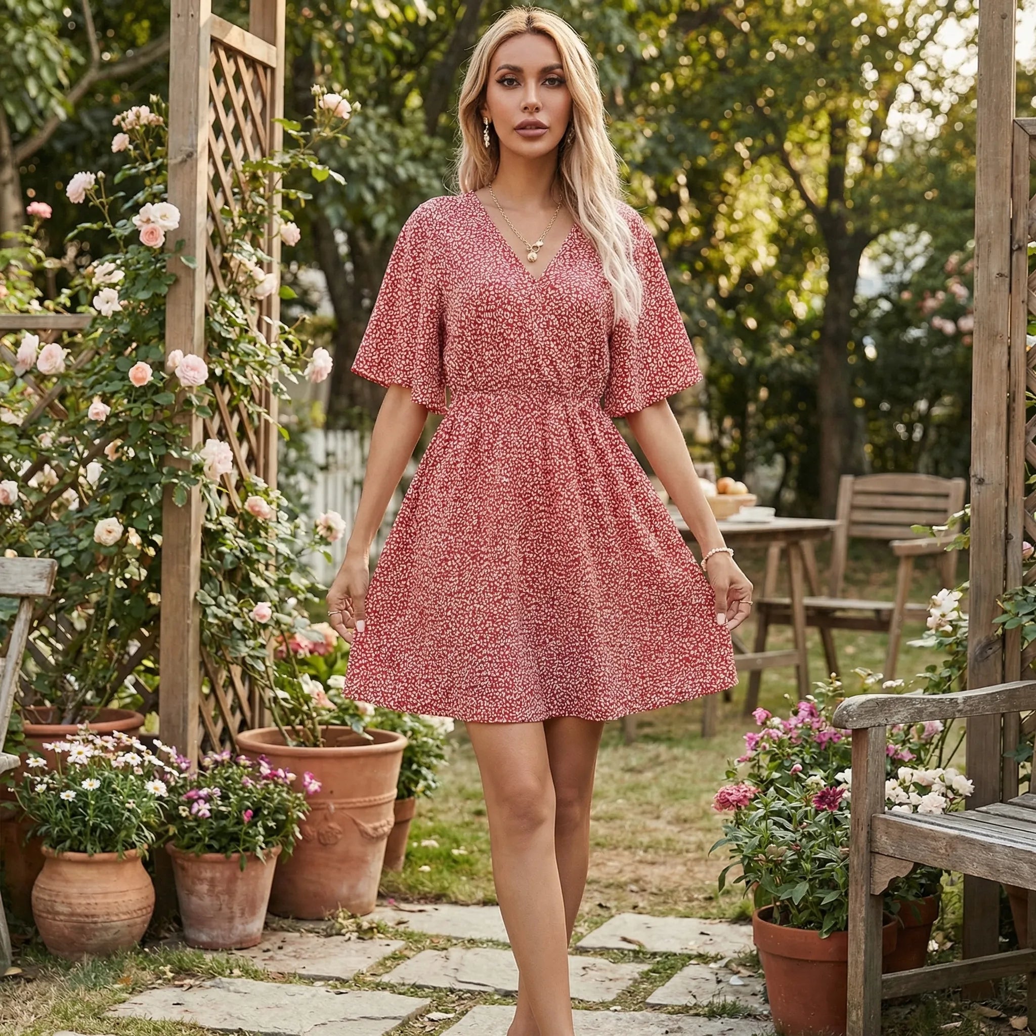 Nordspur | Blosselle Printed V-Neck Short-Sleeved Casual Dress