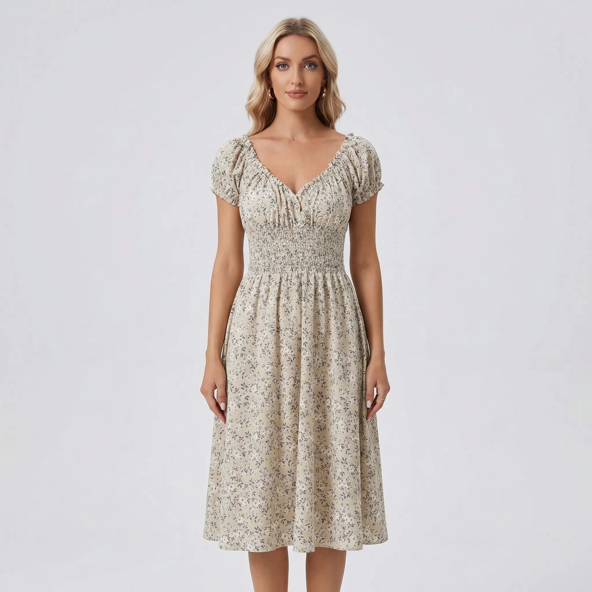 Nordspur | Blossomette Vintage Floral Midi Dress With Puff Sleeves