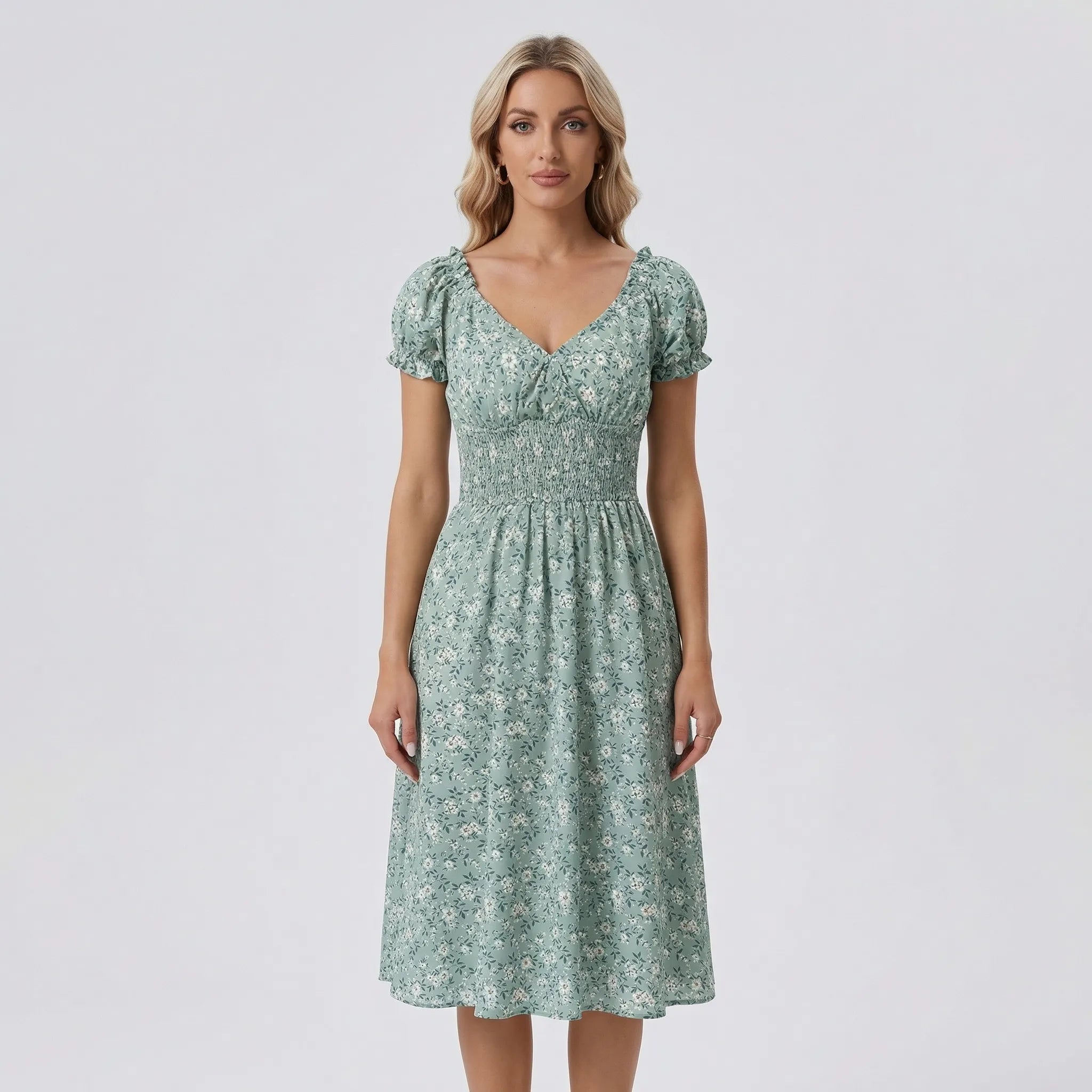 Nordspur | Blossomette Vintage Floral Midi Dress With Puff Sleeves