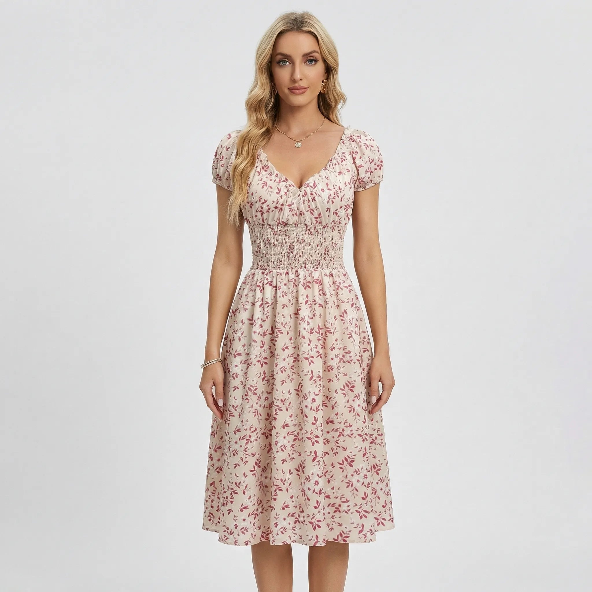 Nordspur | Blossomette Vintage Floral Midi Dress With Puff Sleeves