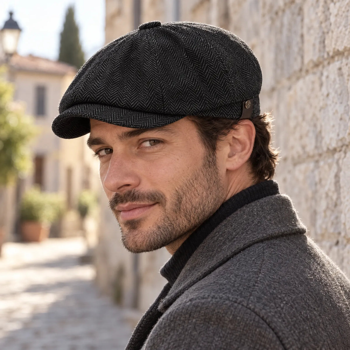 Eight-panel flat cap with herringbone pattern and short peak