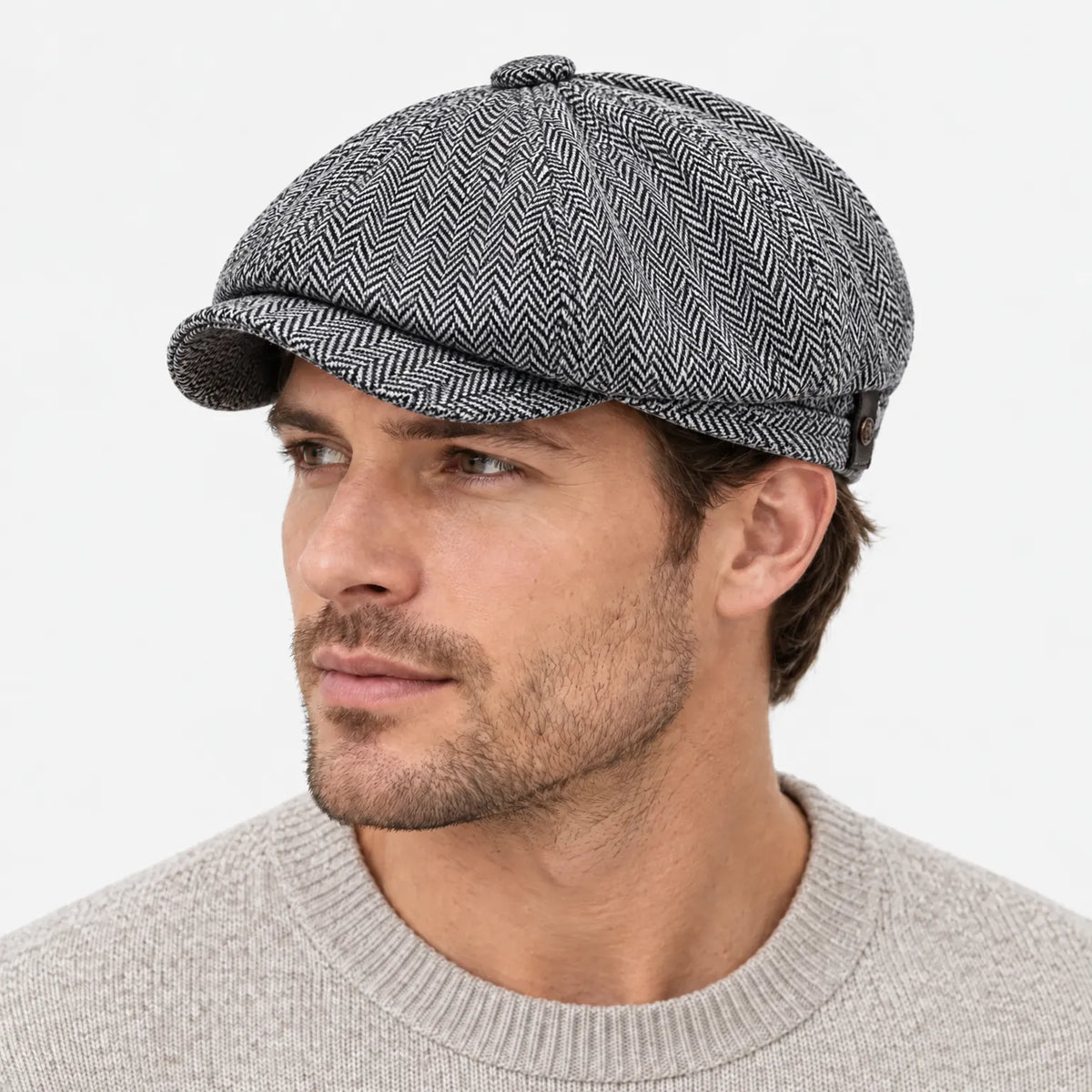 Eight-panel flat cap with herringbone pattern and short peak
