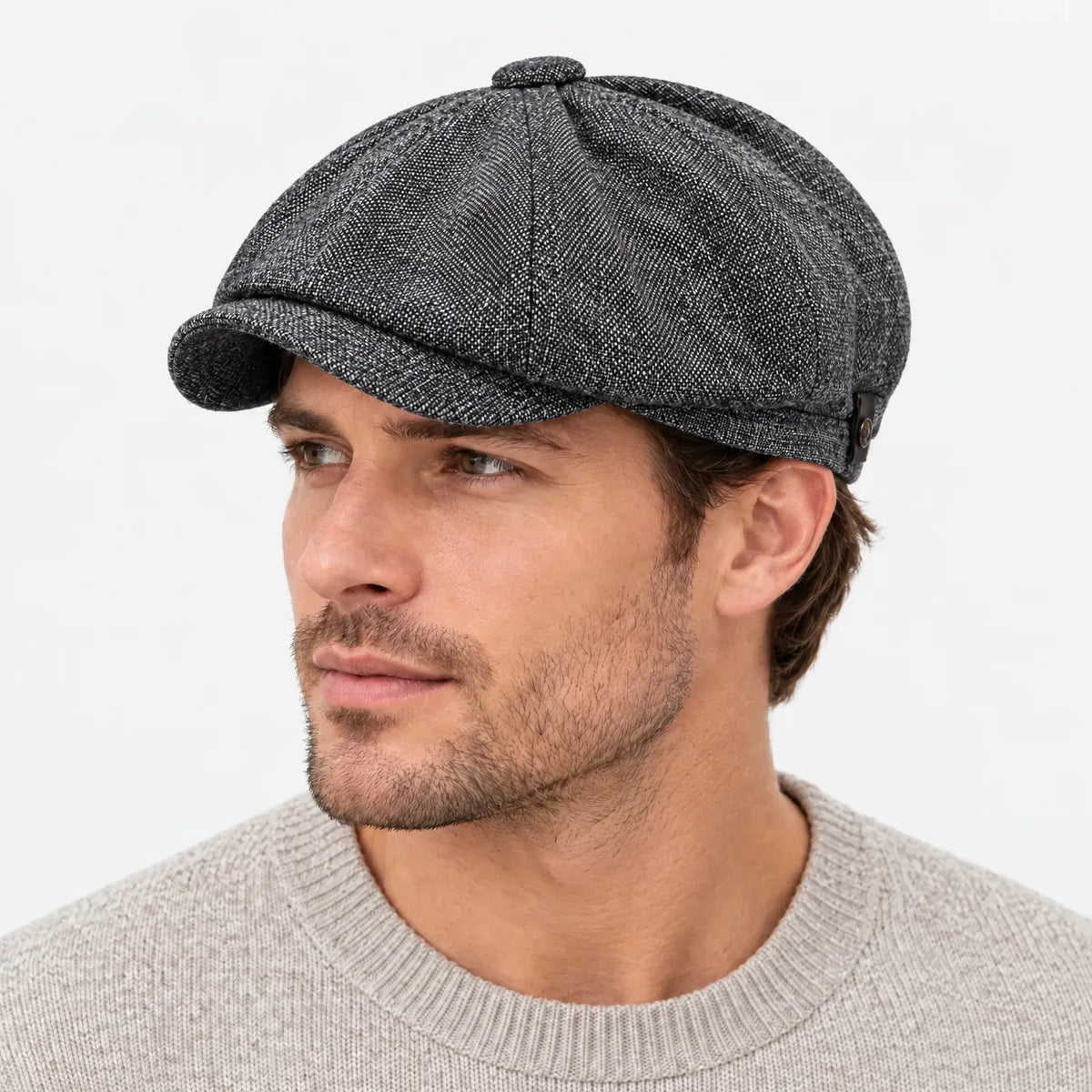Eight-panel flat cap with herringbone pattern and short peak