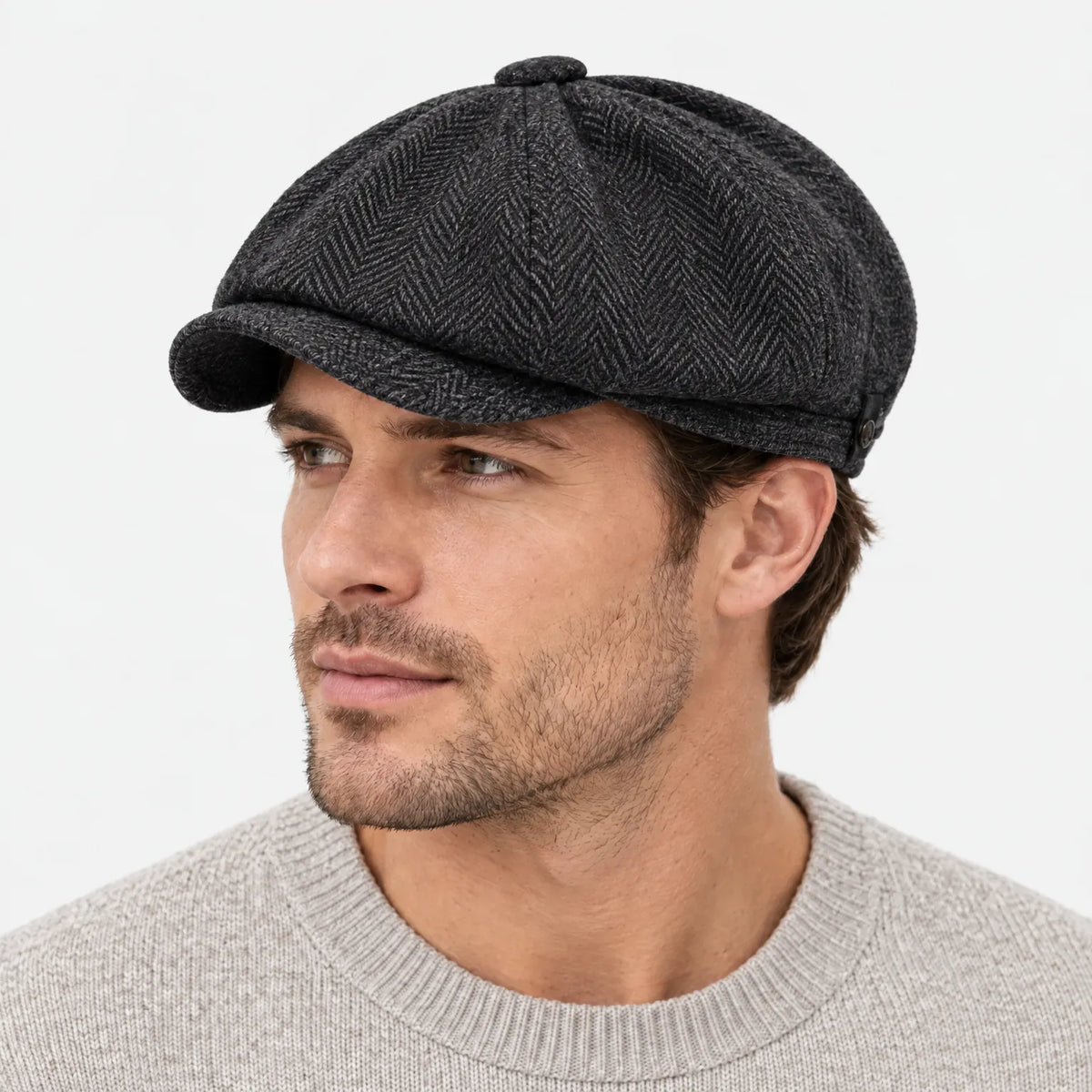 Eight-panel flat cap with herringbone pattern and short peak