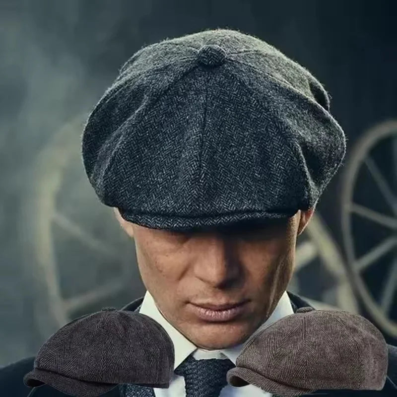 Eight-panel flat cap with herringbone pattern and short peak