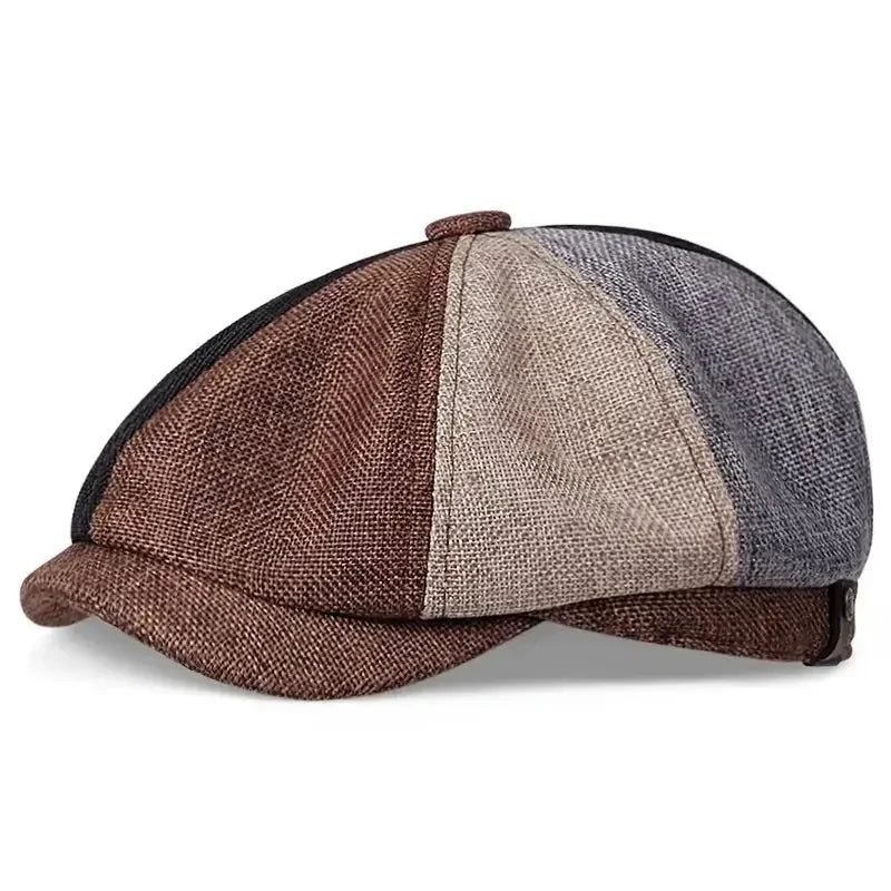 Eight-panel flat cap with herringbone pattern and short peak