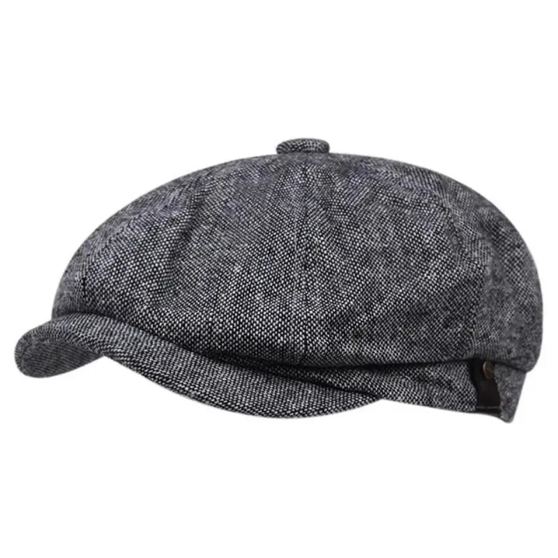 Eight-panel flat cap with herringbone pattern and short peak
