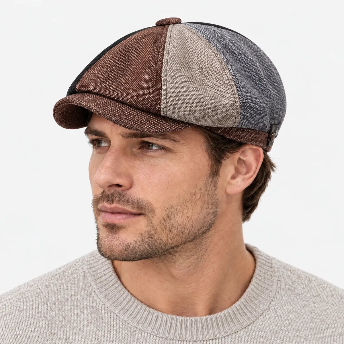 Eight-panel flat cap with herringbone pattern and short peak