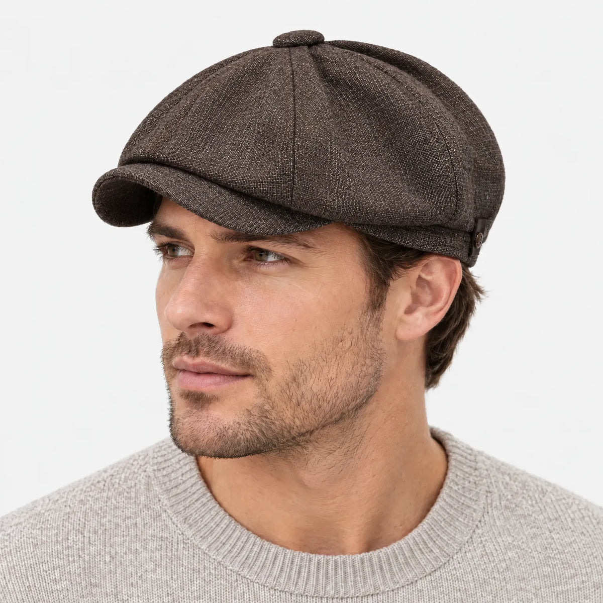 Eight-panel flat cap with herringbone pattern and short peak