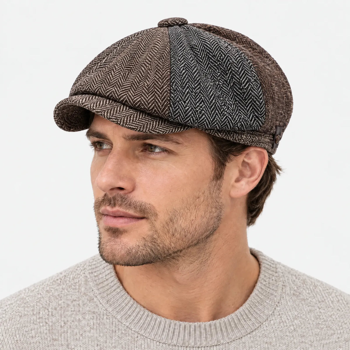 Eight-panel flat cap with herringbone pattern and short peak