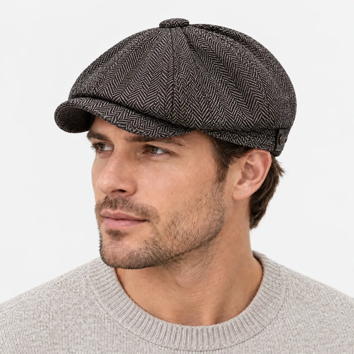 Eight-panel flat cap with herringbone pattern and short peak
