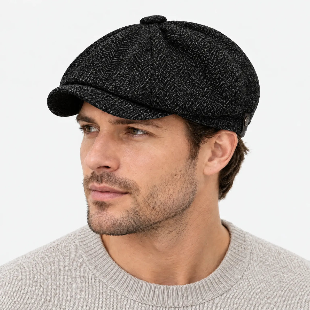 Eight-panel flat cap with herringbone pattern and short peak