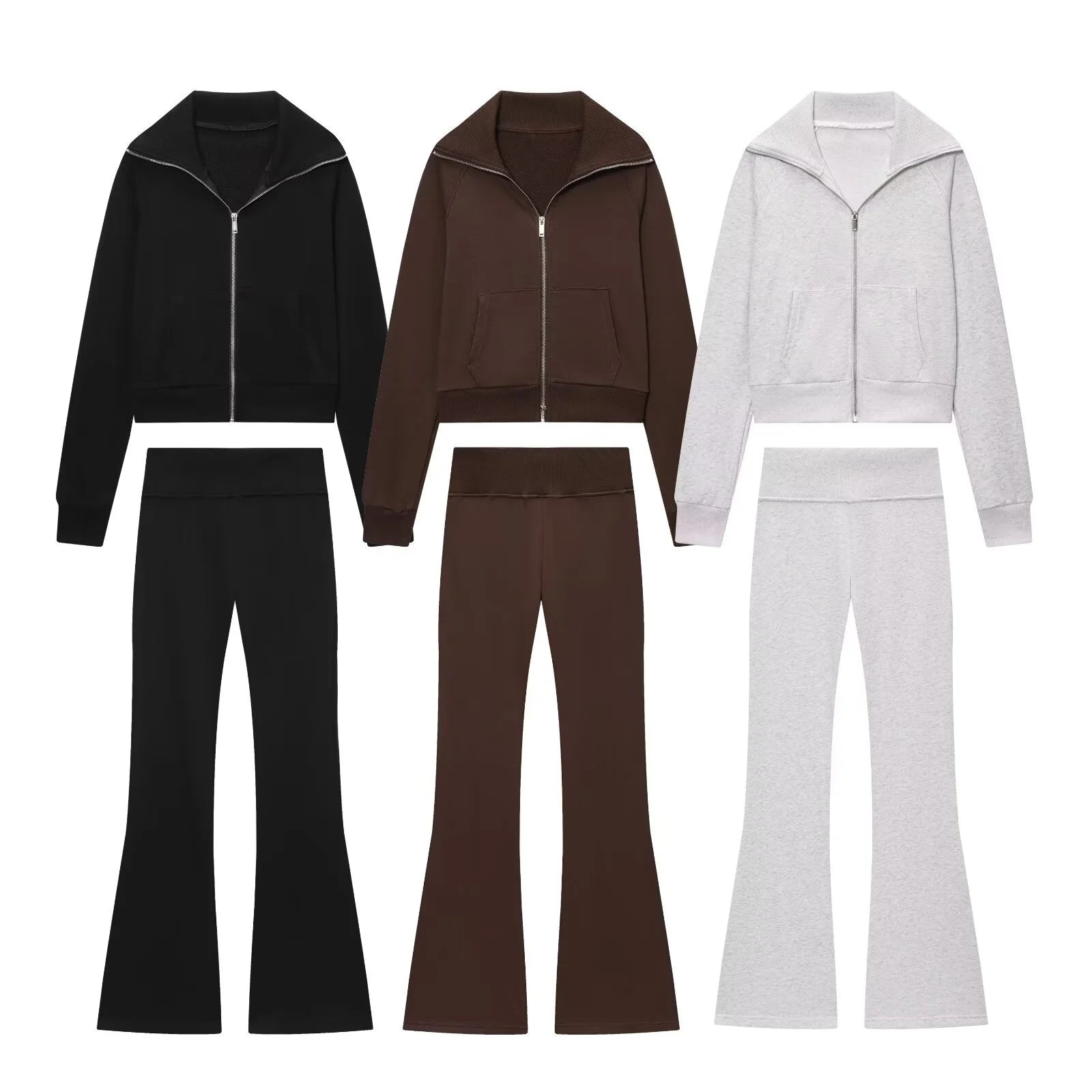 Nordspur | Fleurova Lapel Zip-Up Fleece Jacket And Flared Trouser Set