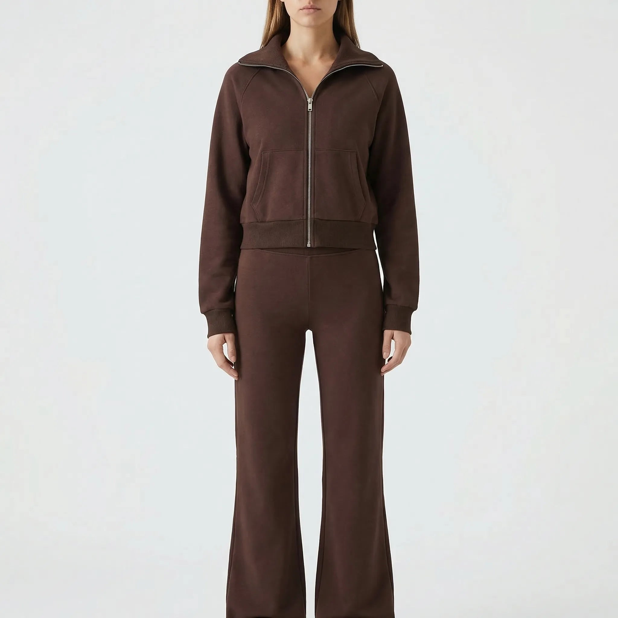 Nordspur | Fleurova Lapel Zip-Up Fleece Jacket And Flared Trouser Set