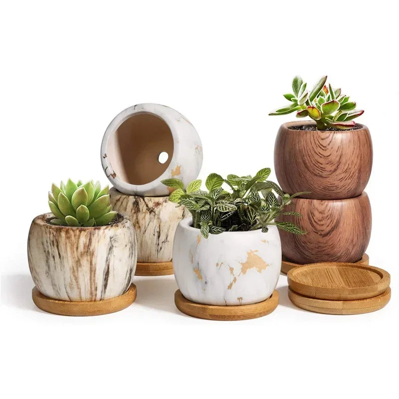 Nordspur | Marblique Marble And Wood-Effect Decorative Plant Pot