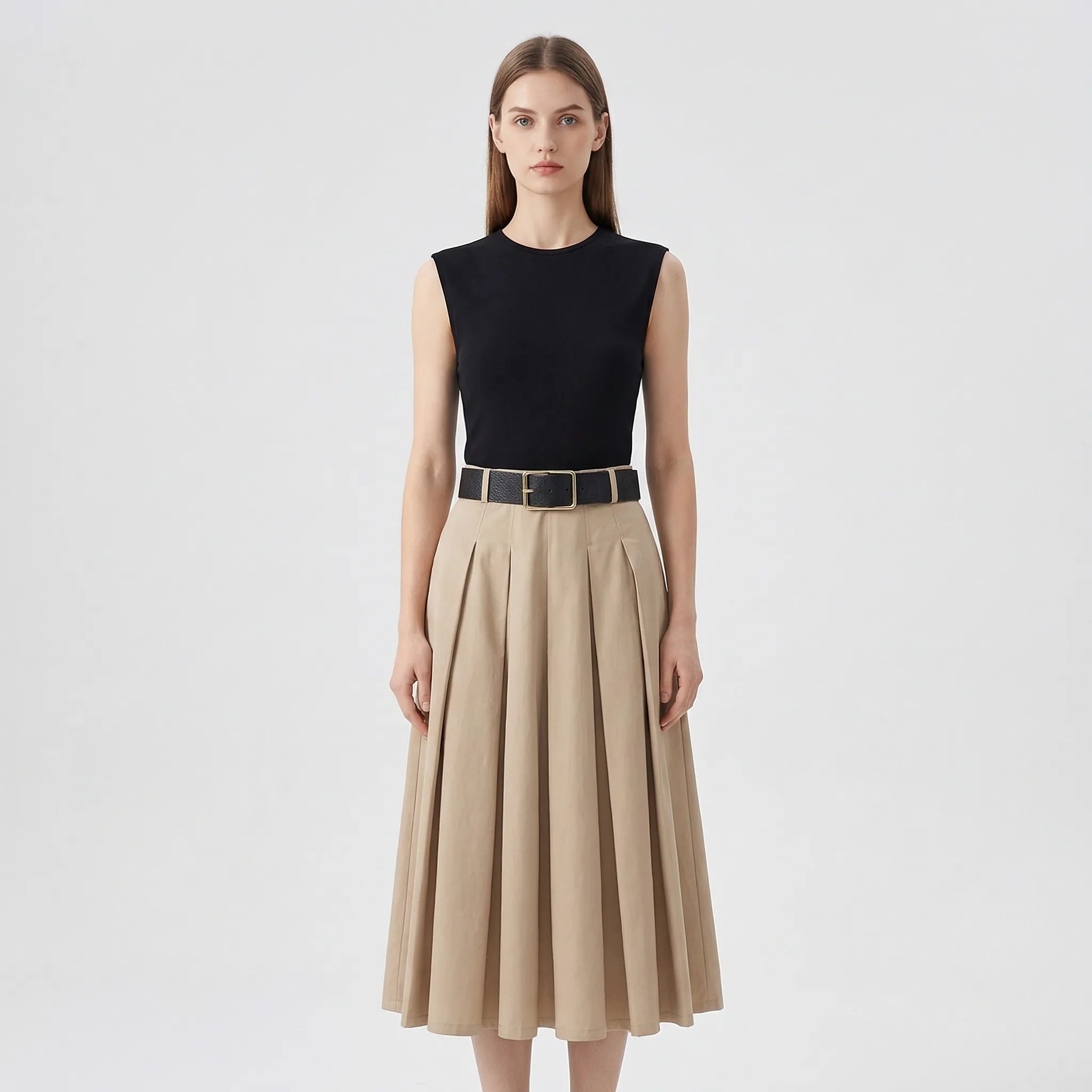 Nordspur | Pleatwyn Sleeveless Belted Pleated Midi Dress
