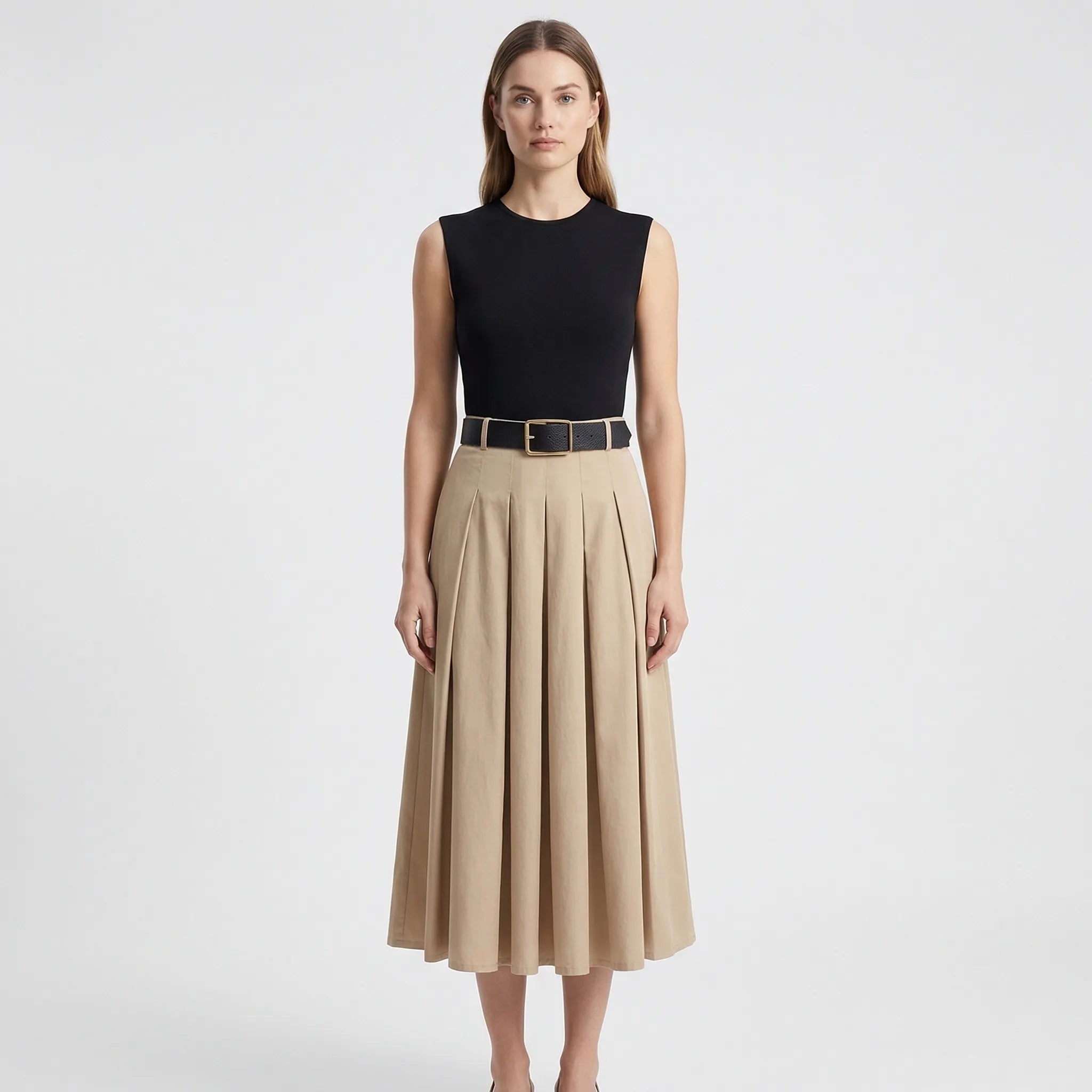 Nordspur | Pleatwyn Sleeveless Belted Pleated Midi Dress