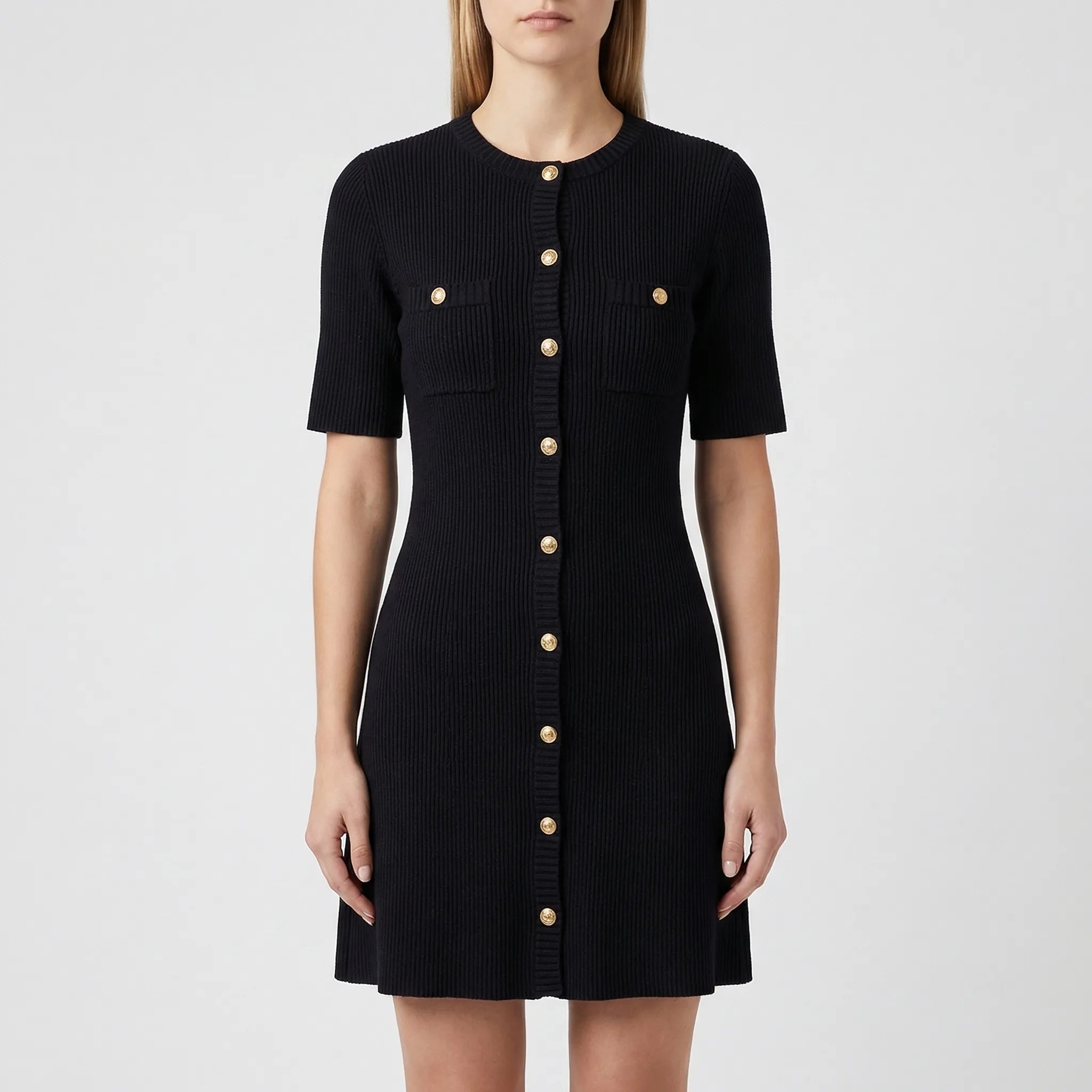 Nordspur | Ribbette Ribbed Knit Mini Dress With Metal Buttons