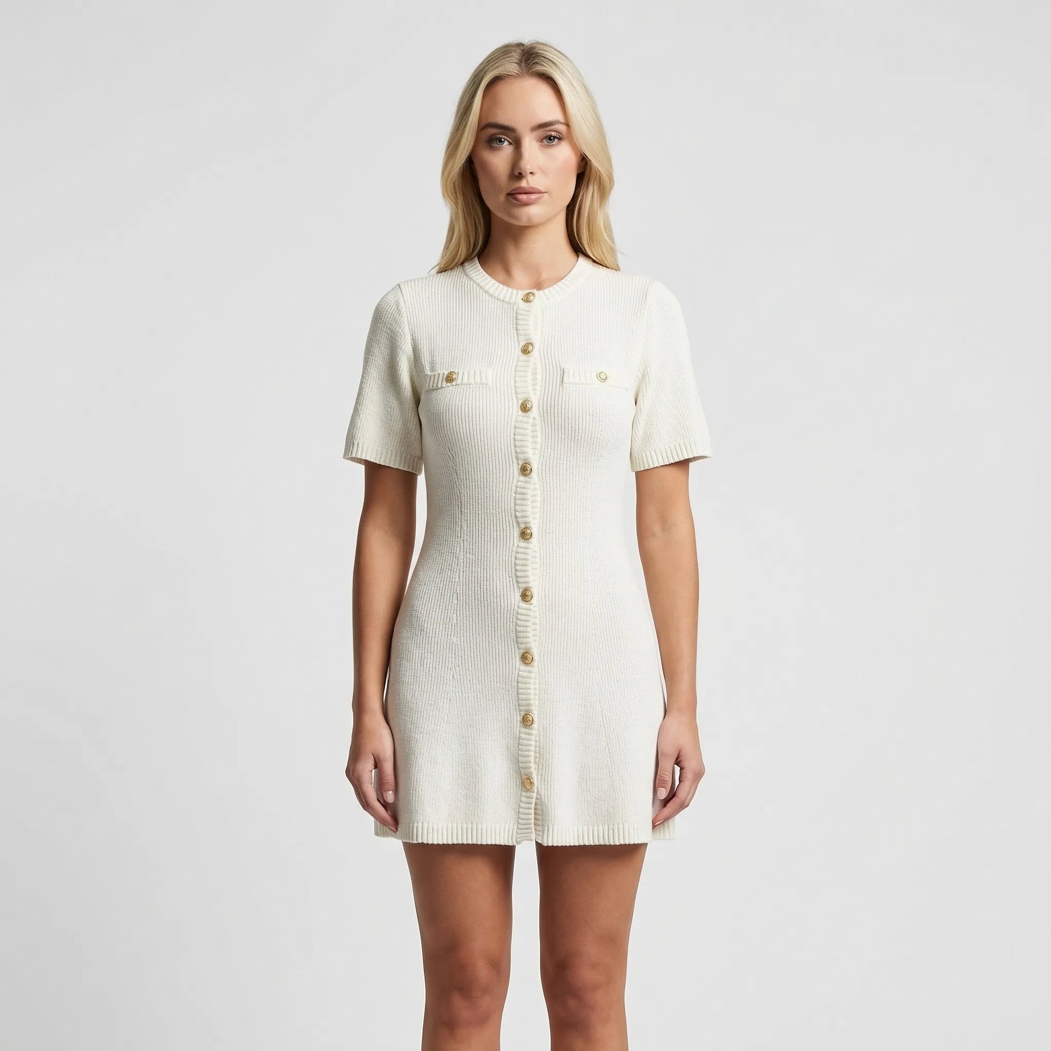 Nordspur | Ribbette Ribbed Knit Mini Dress With Metal Buttons