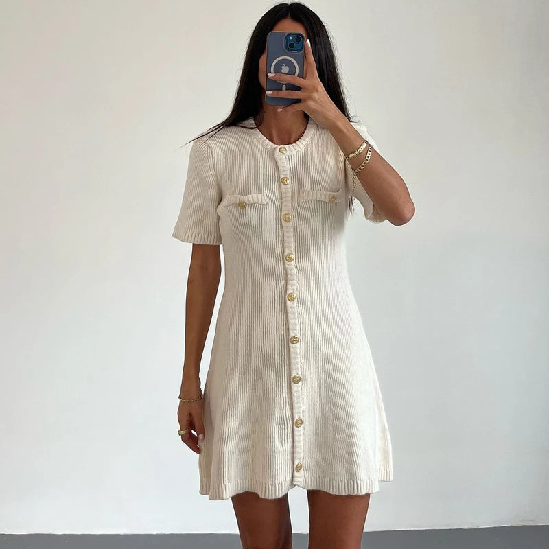 Nordspur | Ribbette Ribbed Knit Mini Dress With Metal Buttons